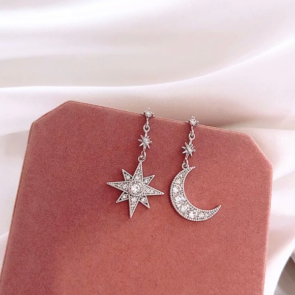 My Added Sparkle Jewelry - Silver Moon & Star Rhinestone Mismatched Earrings